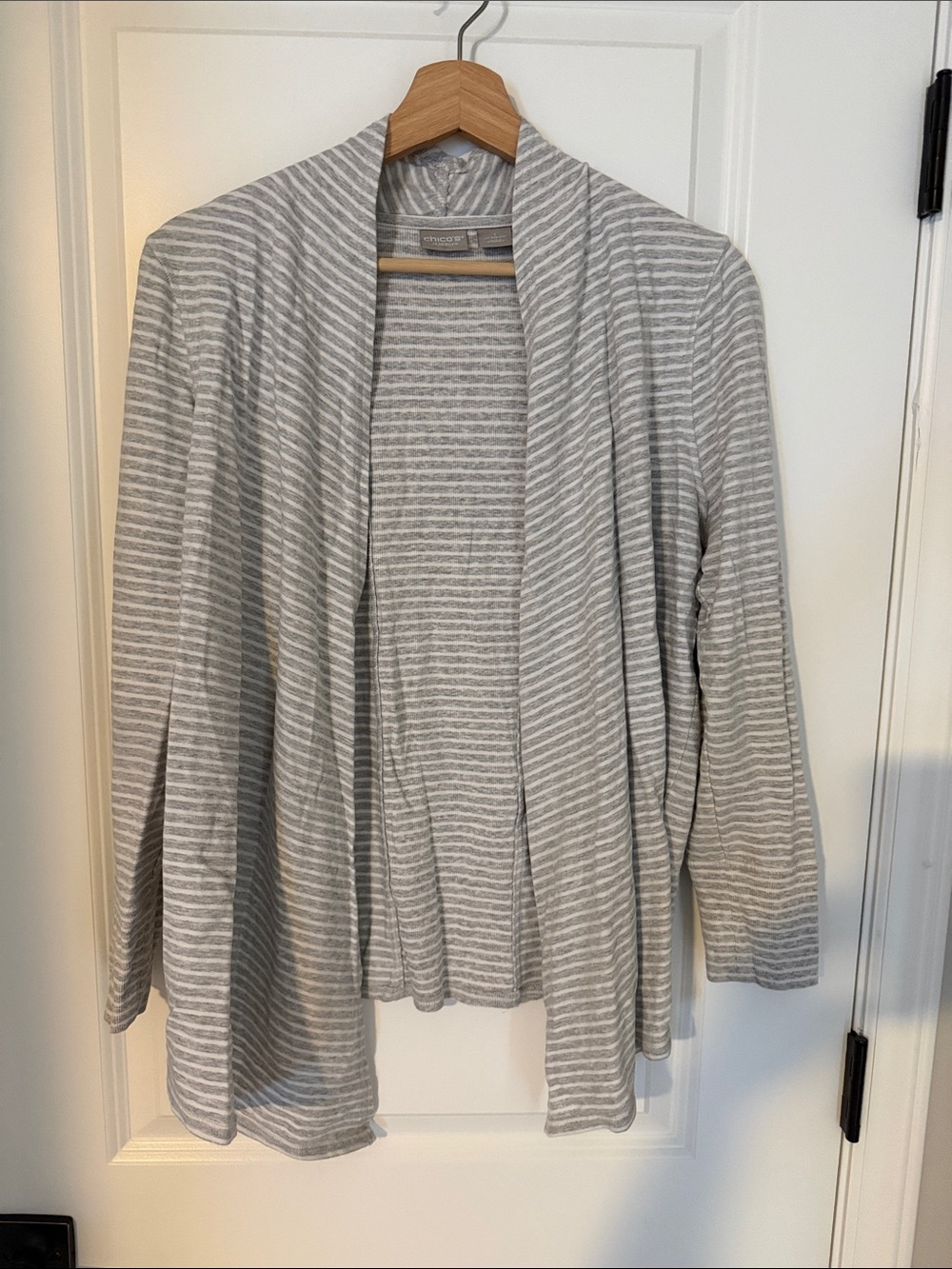 Chico's Light Gray & White Striped Open Cardigan